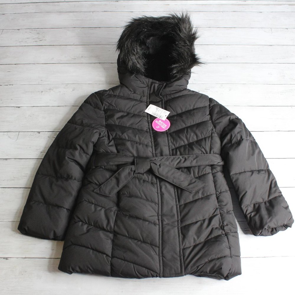 TCP Girl's Black Puffer Coat Size 5-6 Faux Fur Lined Winter Jacket Hooded